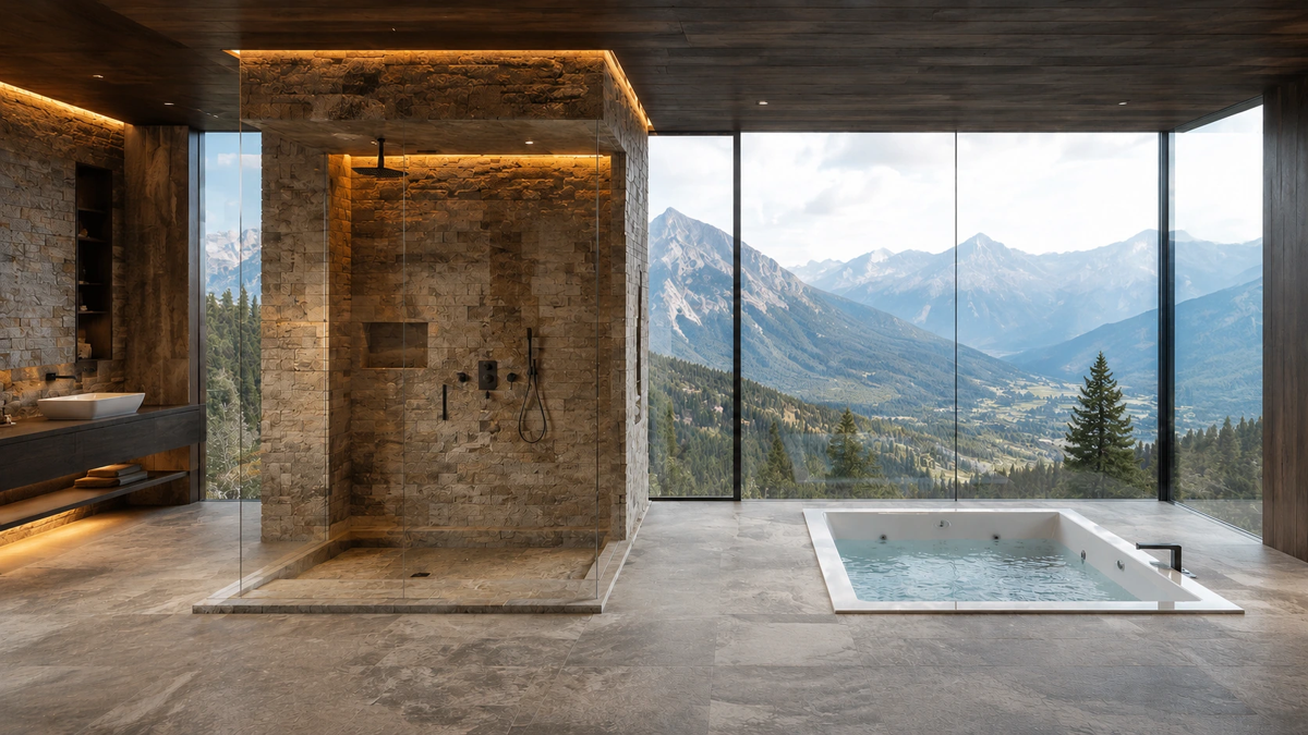 Bathroom design with stone surfaces, a glass shower and a soaking tub